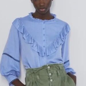 Zara Blue Ruffled 3/4 Sleeve Bib Collar Blouse